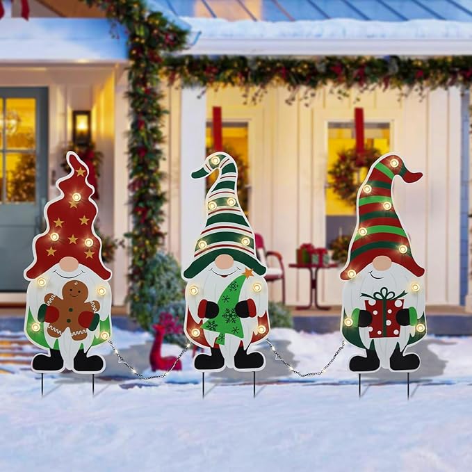 Afirst Christmas Yard Stakes Metal Christmas Decorations Outdoor Yard Gnomes Holding Gingerbread Tree Gift Lighted Metal Stakes Outdoor Xmas Stake Lawn Pathway Decoration