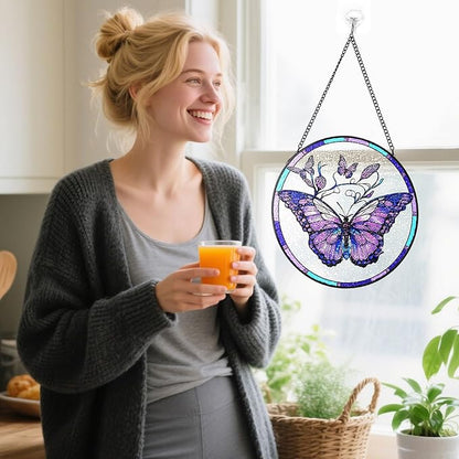 Stained Glass Suncatchers Window Hanging, Butterfly Sun Catchers Indoor Window Stained Glass Hanging Garden Decor, Birthday Gift for Mom Grandma Aunt Sister Bestie 7.8 in (Butterfly)