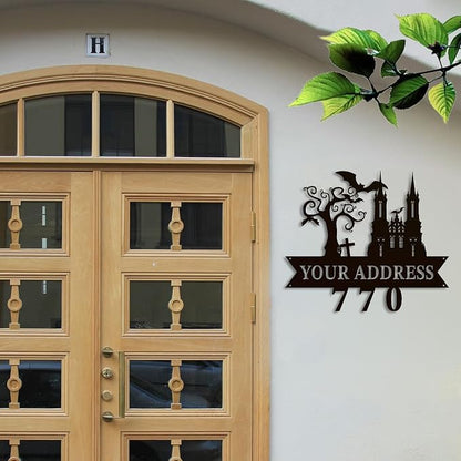 Personalized Gothic House Number metal Signs,Custom Address Number Metal Wall Art Decor,Black Plaques Outdoor wall Decorative Signage,Shed(8-30 Inches) (Castle C)