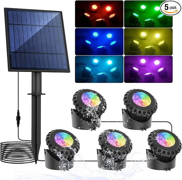 T-SUN Solar Pond Light LED Underwater Pond Light Solar Fountain Lights IP68 Waterproof Pond Lights for Aquarium Garden Waterfall Fish Trank(5 Lights-RGB)
