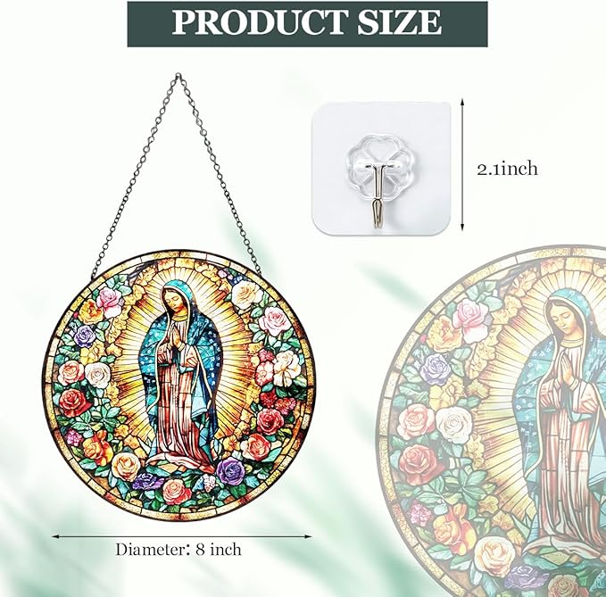 Mexican Virgin Mary Stained Glass Suncatcher, Christian Window Hanging Decor, Stained Panel Hangings Wall Art, Religious Home Ornament, for Mom Grandma