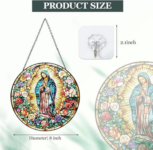 Mexican Virgin Mary Stained Glass Suncatcher, Christian Window Hanging Decor, Stained Panel Hangings Wall Art, Religious Home Ornament, for Mom Grandma