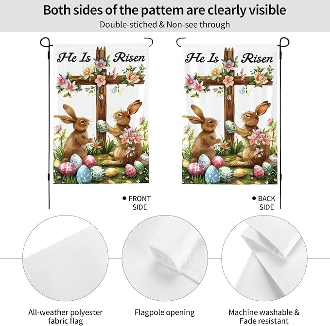 He is Risen Bunny And Floral Garden Flags 12×18 Inch Double Sided Decorative Yard Banner Seasonal Flag for Outdoor Outside Decor