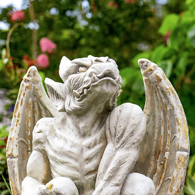 Zaer Ltd. Set of 2 Gothic Gargoyle Garden Statues, 28.4 Inch Tall Outdoor Sculptures (Distressed Gray)
