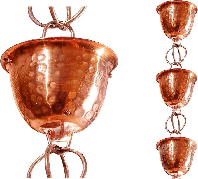 Monarch Rain Chains Pure Copper Hammered Cup Rain Chains for Gutters – 8.5 ft Decorative Rainchain Outdoor Durable Heavy Duty Gutter Chain Downspout Replacement, Modern Rainchains for Outside