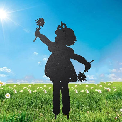 Iron Children Chasing Butterfly Statues Rustic Kids Silhouette Garden Yard Stakes Art Patio Porch Lawn Ornaments (2pcs Girls A)