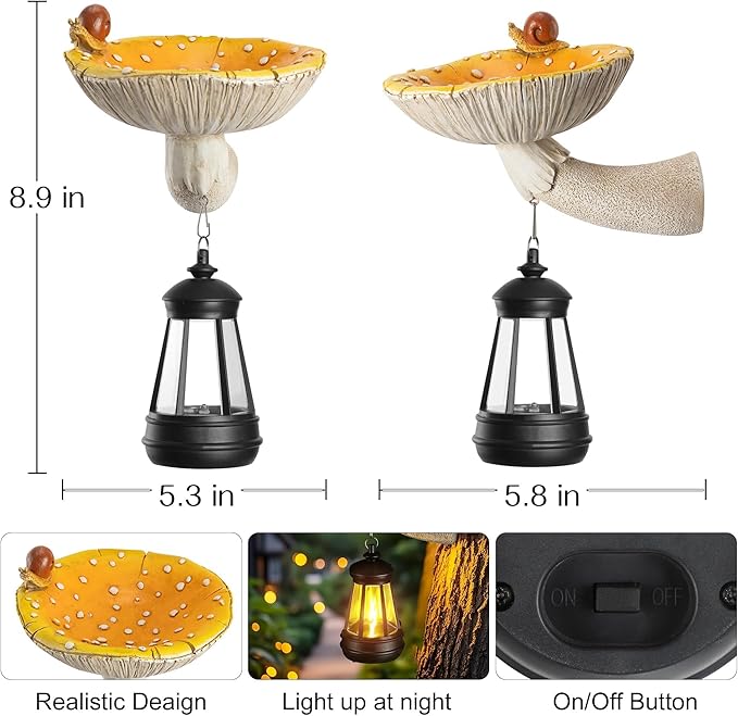 Etlemonde Solar Mushroom Garden Statue, Cute Hand-Painted Resin Decoration with Snail & Lantern, Waterproof Outdoor Ornament, Perfect Fairy Garden Decor & Unique Gift(Yellow)