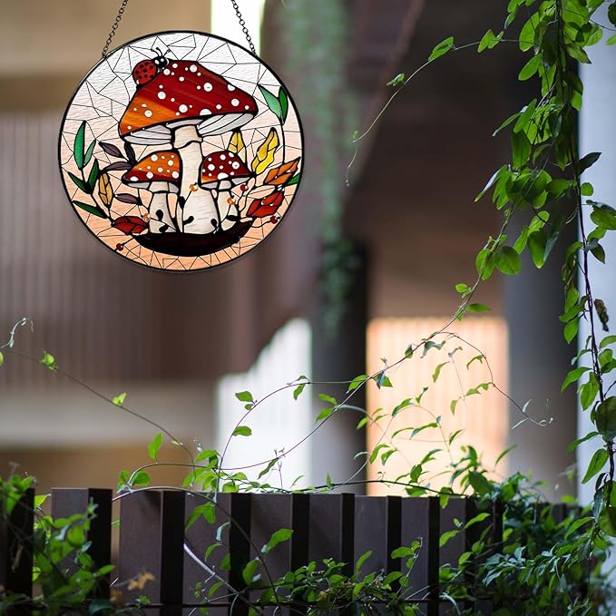 Mushroom Forest Sun Catcher Stained Glass Window Hanging Mushroom Lover Gifts for Women Wall Decor Handmade Sun Catcher Decoration for Home Graden Housewarming Gifts