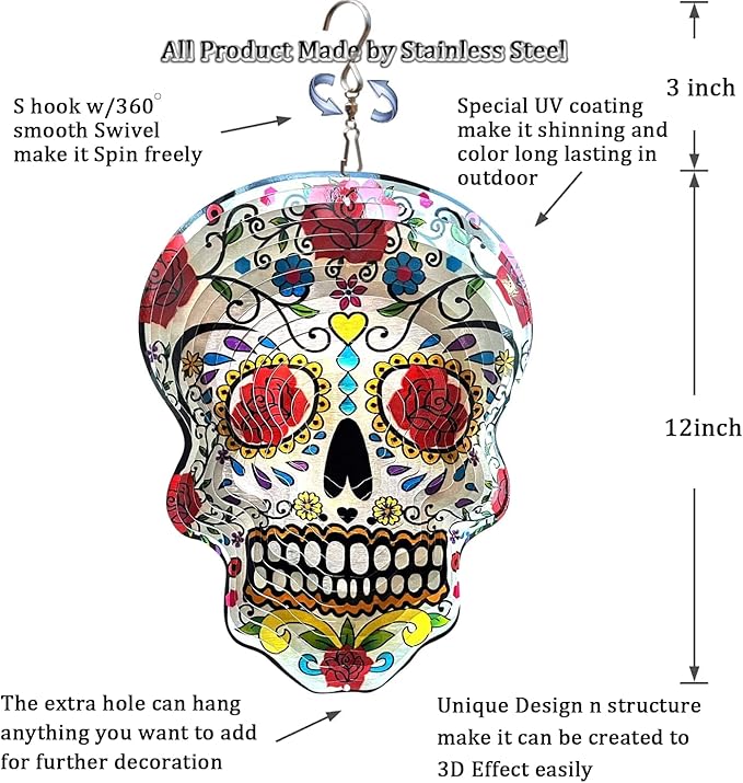 Fonmy Kinetic 3D Metal Garden Wind Spinner Quality Hanging Ornament for Home and Garden 12inch Mandala Rose Sugar Skull Wind Spinners