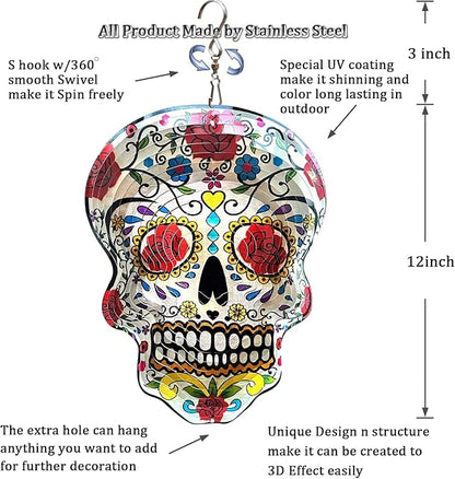 Fonmy Kinetic 3D Metal Garden Wind Spinner Quality Hanging Ornament for Home and Garden 12inch Mandala Rose Sugar Skull Wind Spinners