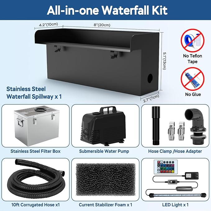 All-in-1 Pond Waterfall Kit with LED Light, 8-inch Stainless Steel Spillway with 660GPH Pump Filter Box, 3-Stage Filtration Outdoor Waterfall for Water Feature, Garden, Backyard, Pool