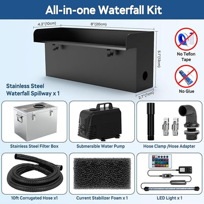 All-in-1 Pond Waterfall Kit with LED Light, 8-inch Stainless Steel Spillway with 660GPH Pump Filter Box, 3-Stage Filtration Outdoor Waterfall for Water Feature, Garden, Backyard, Pool
