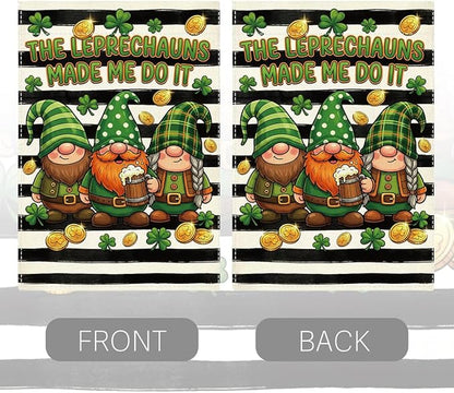 St Patricks Day Gnome Garden Flag The Leprechauns Made Me Do It Shamrock Irish March Black and White Stripes Garden Flag St Patricks Day Double Sided House Flag for Outside Yard Decorations 12×18 Inch