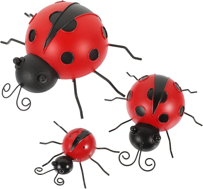 3pcs Iron Ladybug Ornaments Outdoor Garden Decor Simulation Beetle Sculptures Patio Lawn Decorations for Home Terrace Tabletop