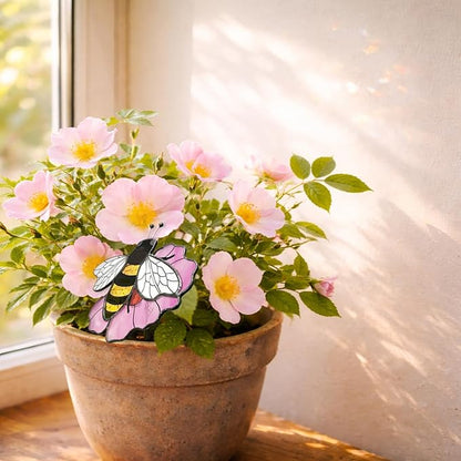 Bee Stained Glass Plant Pot Suncatcher - Handmade Real Glass Flower Pot Ornament for Planters - Indoor Outdoor Garden Décor - Unique Nature Gift for Women, Mom & Grandma