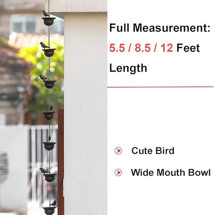Jemeni 5.5 Feet Rain Chain with 8 Birds on Cups - Dark Bronze Metal Gutter Chain, Easy Install with Attached Hanger