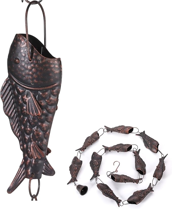 Antique Bronze Rain Chain with Rainbow Trout for Heavy Rain, Functional and Decorative Replacement Downspout Chain for Outside, Rain Catcher Chain for Gutters, 8.5FT