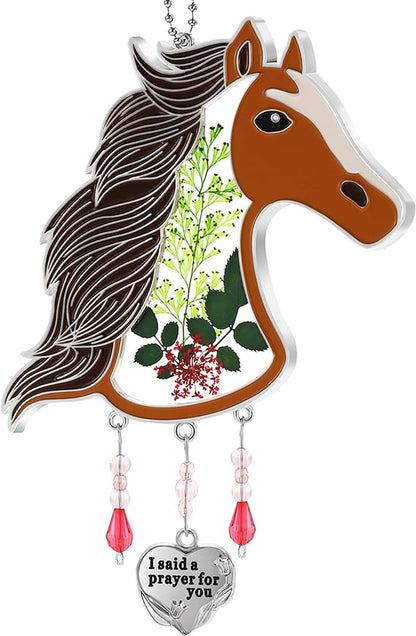KY&BOSAM Horse Head Suncatcher Stained Hand-Painted Prayer for You Suncatchers Ornament hangings Wind Chime with Pressed Flower Horse Embedded in Glass Window Mother`s Day Birthdays