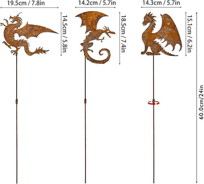 Rusty Fantasy Dragon Garden Stakes Decor, 24 Inch Metal Yard Art Decor, Decorative Garden Stakes Outdoor, Lawn Art Dragons Garden Decorations for outside, Ancient Dragons Garden Statue,Set of 3