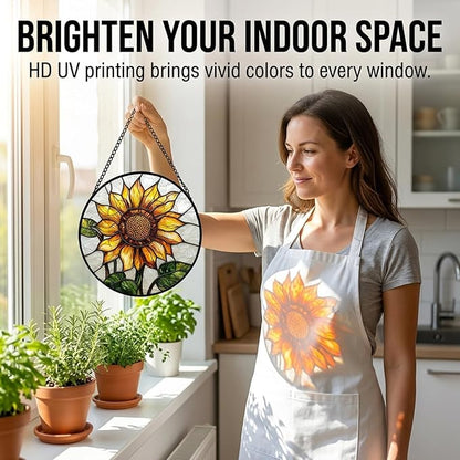 Sunflower Gifts for Women - Yellow Flower Faux Stained Glass Window Hanging Sun Catcher for Door Garden Acrylic Decor Mother's Day Christmas Birthday Gift for Mom Nana Grandma Sisters Colleague 9.8"