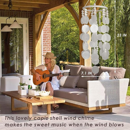 Capiz Shell Wind Chime, Shell Wind Chimes for Outside, Sea Glass Seashell Windchimes Outdoors, Unique Outdoor Boho Decor for Patio Garden Balcony Porch, 7" W X 23" H, Remmdan