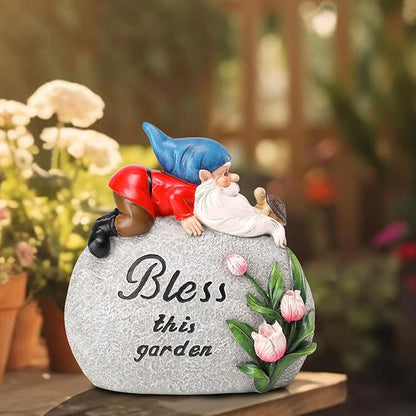 Garden Stones Statues Outdoor Decor, Novelty Gnome Garden Sculptures Stones Statue with Flower and Turtle Figurine Decoration for Patio Yard Porch Art Home Decor