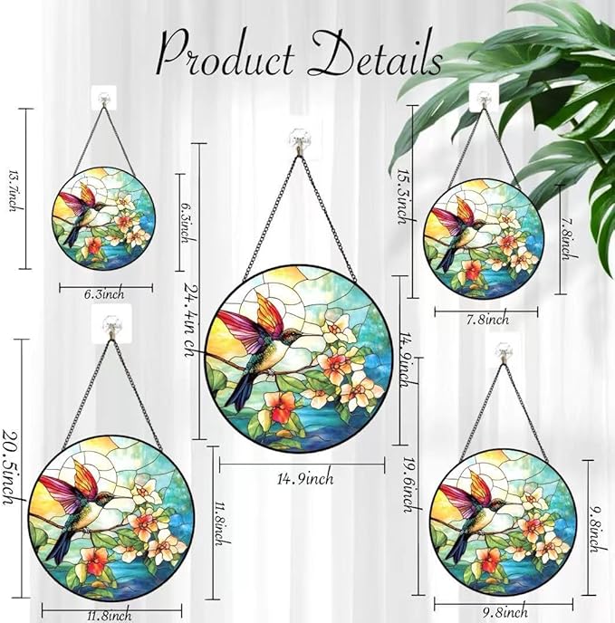 Stained Glass Window Hanging - Colorful Hummingbird Stand on Branches Covered in Flowers 6.3 Inches Suncatcher for Garden Home Decor for Women Mon Grandma Friends