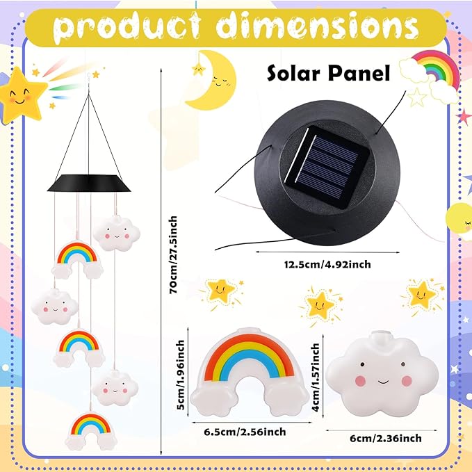 GlikCeil Rainbows Solar Wind Chimes 27.5inch Outside Waterproof Hanging LED for Yard, Pajama Party, Color Changing Lights(Clouds, Rainbows)