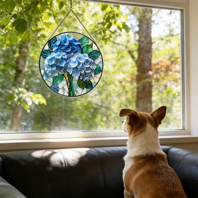 7.87" Blue Hydrangea Flower Suncatcher Stained Glass Window Hanging Room Decor,Sun Catchers Indoor Window Glass Round Panel Wall Decor, Floral Wall Art Hanging Decorations Statues