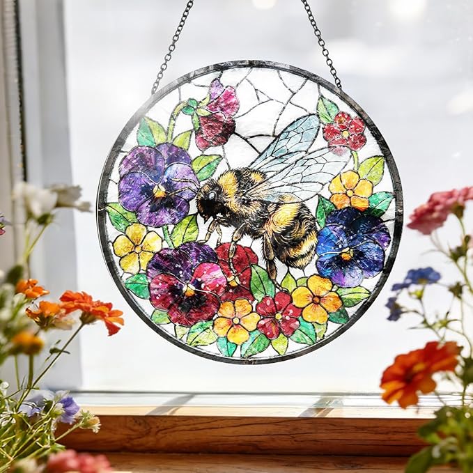 Bee Stained Glass Window Hanging - Round Floral & Bee Suncatcher with Chain, Colorful Glass Ornament for Home Garden Window Decor Gift, 8 Inch