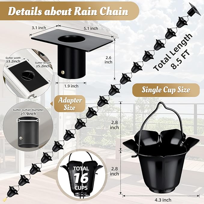 Tfro & Cile Gutter Rain Chain with Adapter Black Downspout Catcher Petunia Outside Water Diverter Decorative Garden Rain Cups Chime Home Decor - 8 1/2 Feet Long