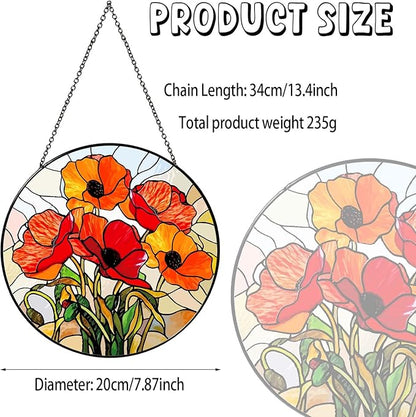 California Poppy Stained Glass Window Hanging 7.8'' – Sun Catcher Indoor Window Decor, Glass Suncatcher for Windows, Flower Hanging Ornament, for Mom Grandma Women Seniors