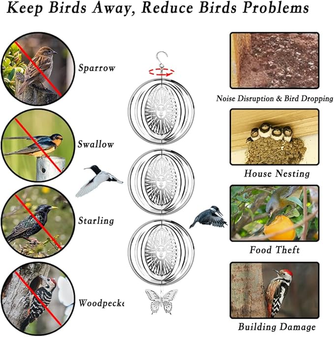 12PCS Bird Deterrents for Outside Patio, Stainless Steel Bird Reflectors to Keep Birds Away, Woodpecker Deterrent for House，Bird Scare Devices to Keep Pigeons Away from Your Garden (Sun face)