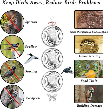 12PCS Bird Deterrents for Outside Patio, Stainless Steel Bird Reflectors to Keep Birds Away, Woodpecker Deterrent for House，Bird Scare Devices to Keep Pigeons Away from Your Garden (Sun face)