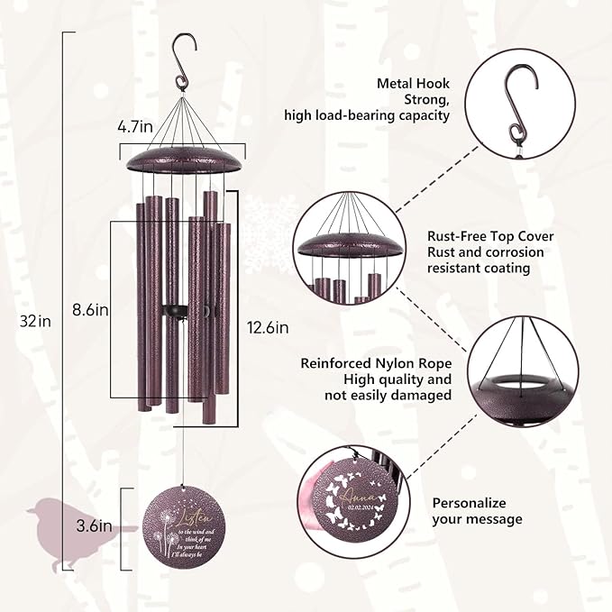 ASTARIN Memory 32 inch Wind Chimes for Loved Ones Lost, Custom Butterfly Dandelion Wind Chime, Memorial Windchime Funeral Gifts for Loss of Mother, Death, Produced in USA