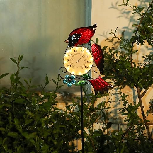 MUMTOP Outdoor Thermometer for Patio - Indoor Outdoor Wall Thermometer with Solar LED Light Cardinal Design - Decorative Temperature Gauge for Home or Garden Decor