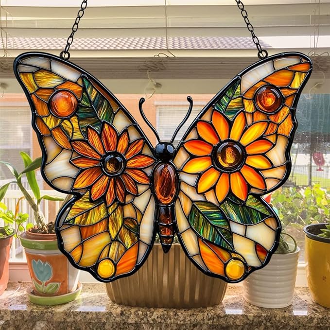 Sunflower of Hope Monarch Acrylic Suncatcher Stained Glass Effect Window Car Hanging Christmas Ornament Indoor Outdoor Decor Garden Sun Catcher Panel for Butterfly Lover for Women Mom Grandma