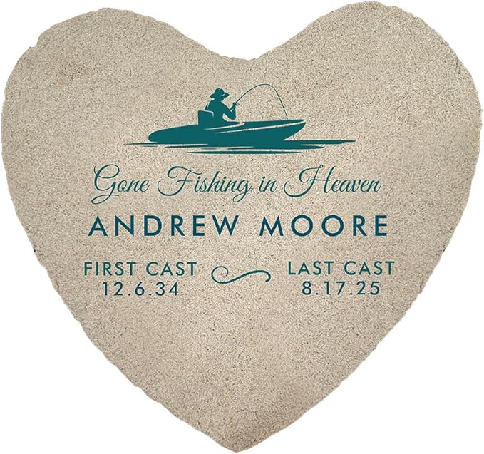 GiftsForYouNow Personalized Heart Fishing Memorial Garden Stone – Custom Engraved Outdoor Tribute with Boat Design, Name, and Dates for Remembrance