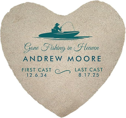 GiftsForYouNow Personalized Heart Fishing Memorial Garden Stone – Custom Engraved Outdoor Tribute with Boat Design, Name, and Dates for Remembrance
