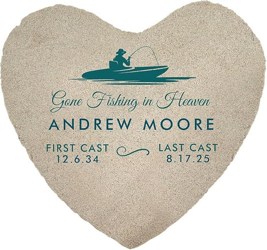 GiftsForYouNow Personalized Heart Fishing Memorial Garden Stone – Custom Engraved Outdoor Tribute with Boat Design, Name, and Dates for Remembrance
