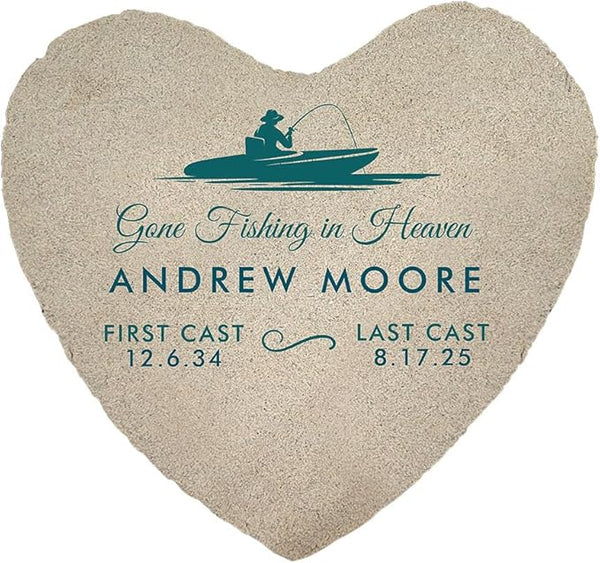 GiftsForYouNow Personalized Heart Fishing Memorial Garden Stone – Custom Engraved Outdoor Tribute with Boat Design, Name, and Dates for Remembrance