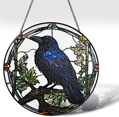 6" Crow Stained Glass Suncatchers Art Glass Ravens for Sun Catcher Indoor Gothic Gifts for Pet Animal Nature Floral Lovers Women Grandma Mom Friend Painted Panel Décor BIRD-04B-SG6