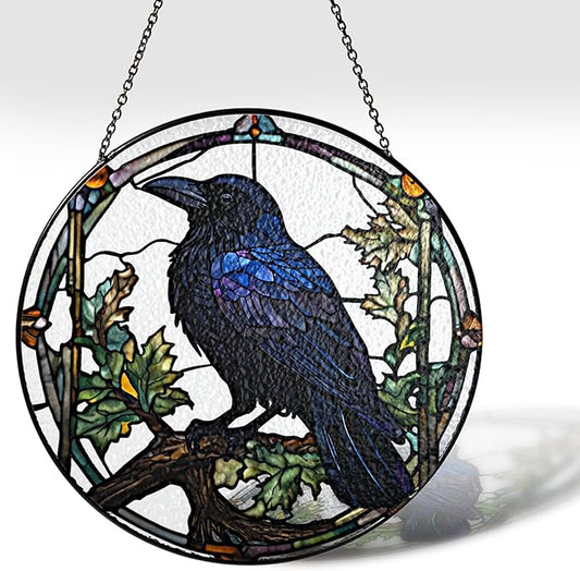 7.8" Crow Stained Glass Suncatchers Art Glass Ravens for Sun Catcher Indoor Gothic Gifts for Pet Animal Nature Floral Lovers Women Grandma Mom Friend Painted Panel Décor BIRD-04B-SG8