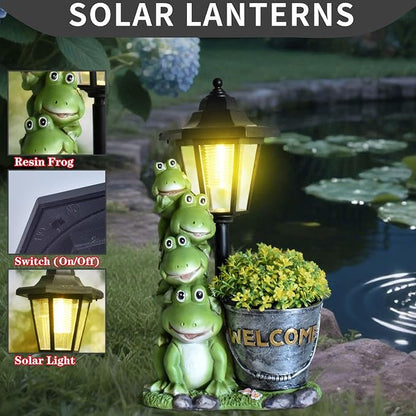Solar Frog Statue for Outdoor Garden Decor, 13.4 Inch Outside Frog Family Ornaments with Lantern and Flowerpot for Garden, Balcony, Patio, Yard, Lawn -Birthday Gifts for Women Grandparents