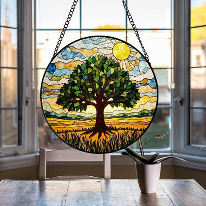 Stained Glass Window Hanging - 8″ Tree of Life Sun Catchers Indoor Window - Suncatcher for Door Home Garden Decor Glass Panel Window Art Ornament - Mothers Day Birthday Gifts for Women Men Mom Grandma