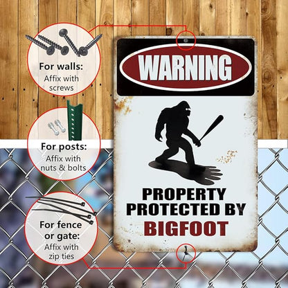 Yniaun Decor Vintage Bigfoot Decor Gifts, Funny Sasquatch Metal Tin Signs, Yard Forest Garage Garden Wall Decor - Warning Property Protected by Big foot 12 x 8 Inches Outdoor & Indoor (2pcs)