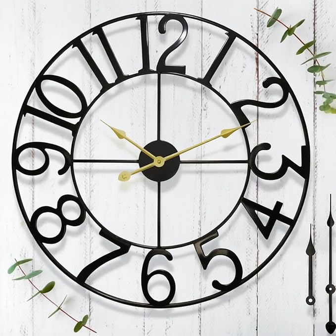 14 in Outdoor Clock–Retro Black Metal Outdoor Wall Clock for Patio, Garden & Pool Area–Vintage Industrial Skeleton Outdoor Clock–Weatherproof Decorative Yard & Porch Clock–Large Round Patio Wall Decor