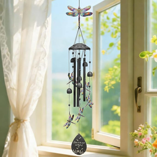 Dragonfly Wind Chimes Outdoor Durable Black Metal Windchimes Garden Patio Decor Dragonfly Gifts for Women/Men, Garden/Yard Decor, Memorial/Birthday Gifts for Grandma/Mom, Chimes for Outside