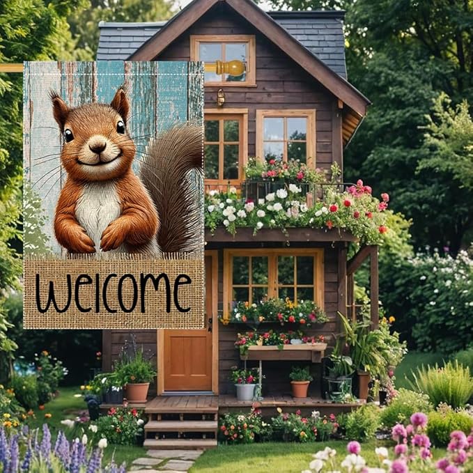 Spring Summer Garden Flag Welcome Garden Flags 28x40 inch Double Sided Small Burlap Squirrel Decor Yard Lawn Outdoor Home Decoratio