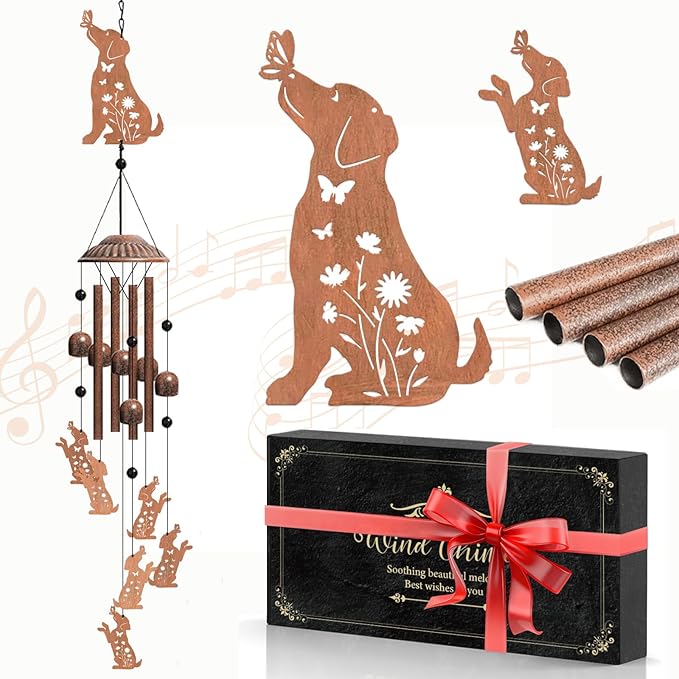 Dog Wind Chimes for Outside, Hanging Metal Windchimes Outdoors for Garden, Patio, Yard, Dog Lover Gifts for Women, Men, Garden Decor, Birthday, Festival, Sympathy Memorial Gift with Box
